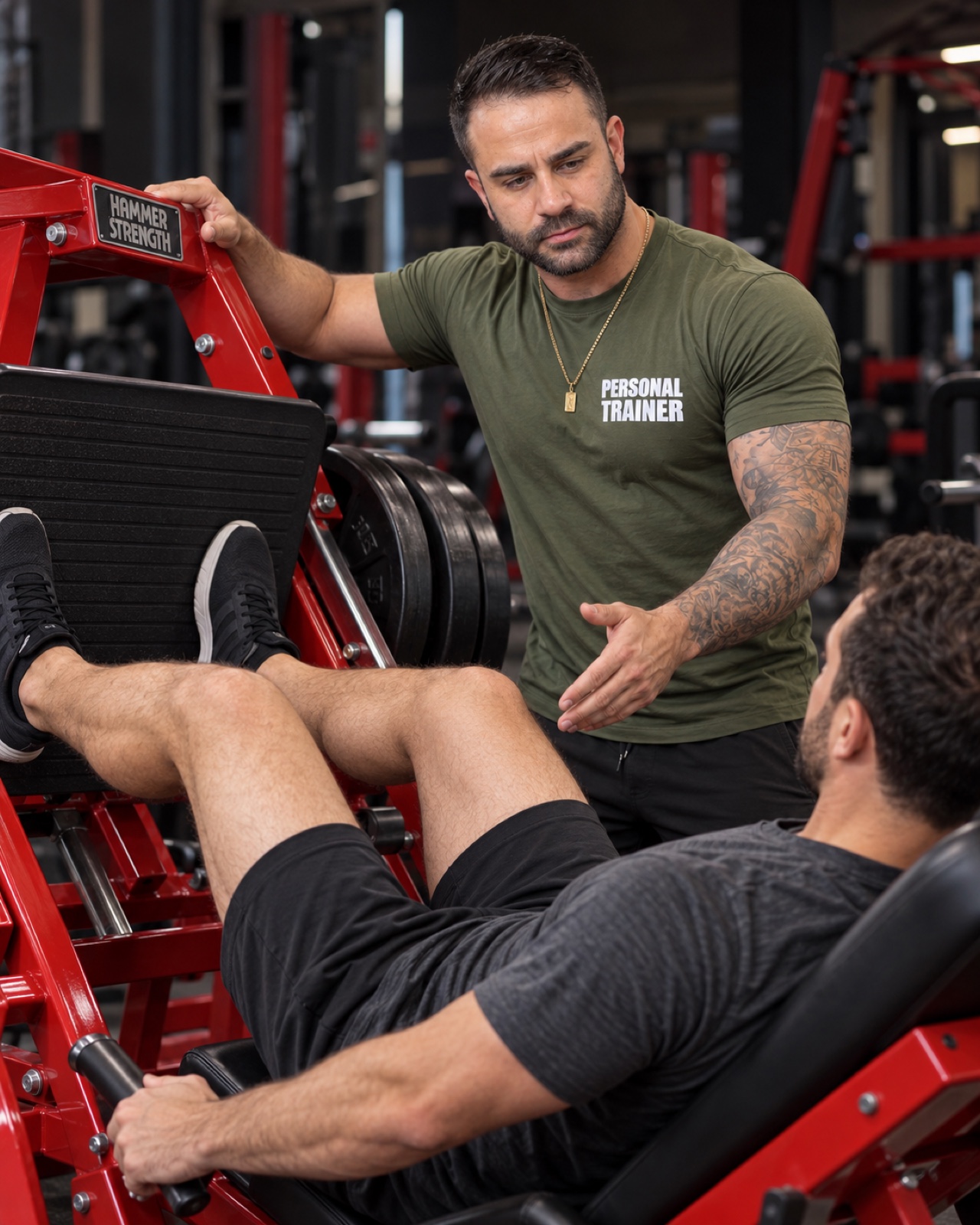 Leopoldo Born orientando um aluno no leg press vermelho da Hammer Strength